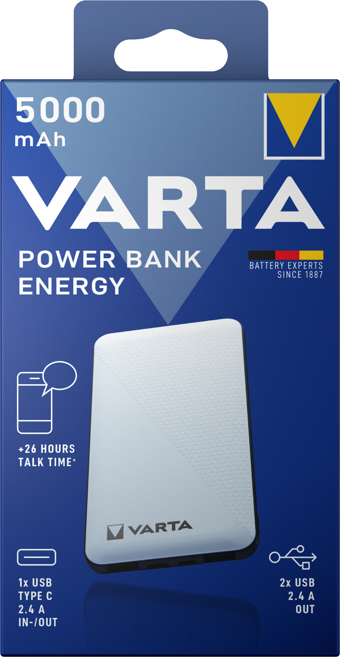 Batteria esterna Varta Energy, 5000mAh, 15W, 2 x USB-A - 1 x USB-C, bianco