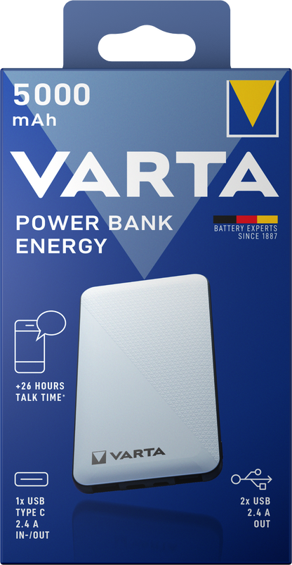 Batteria esterna Varta Energy, 5000mAh, 15W, 2 x USB-A - 1 x USB-C, bianco