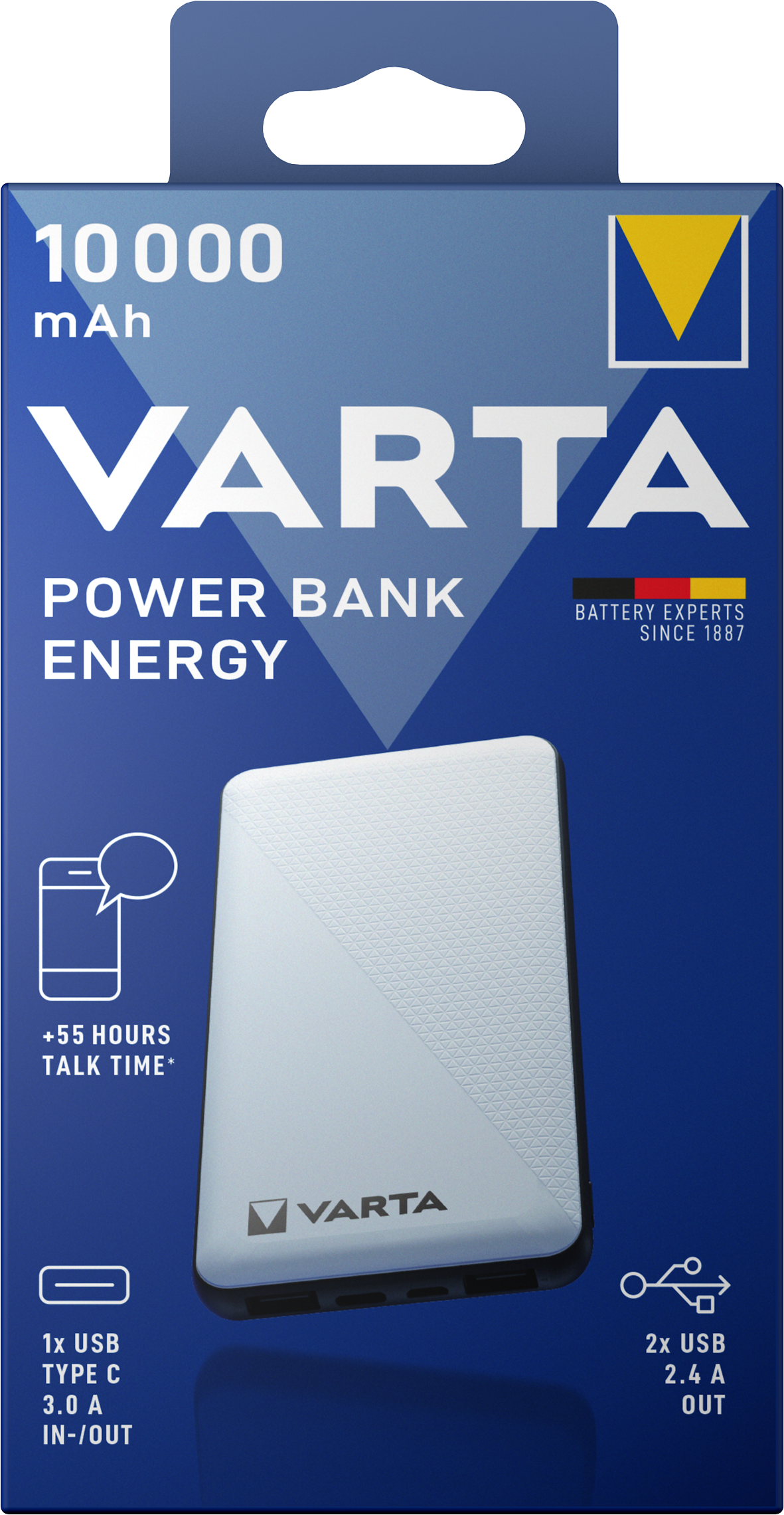 Batteria esterna Varta Energy, 10000mAh, 15W, 2 x USB-A - 1 x USB-C, bianco