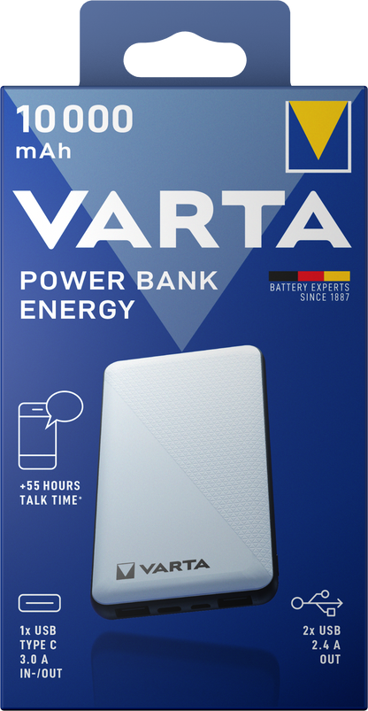 Batteria esterna Varta Energy, 10000mAh, 15W, 2 x USB-A - 1 x USB-C, bianco