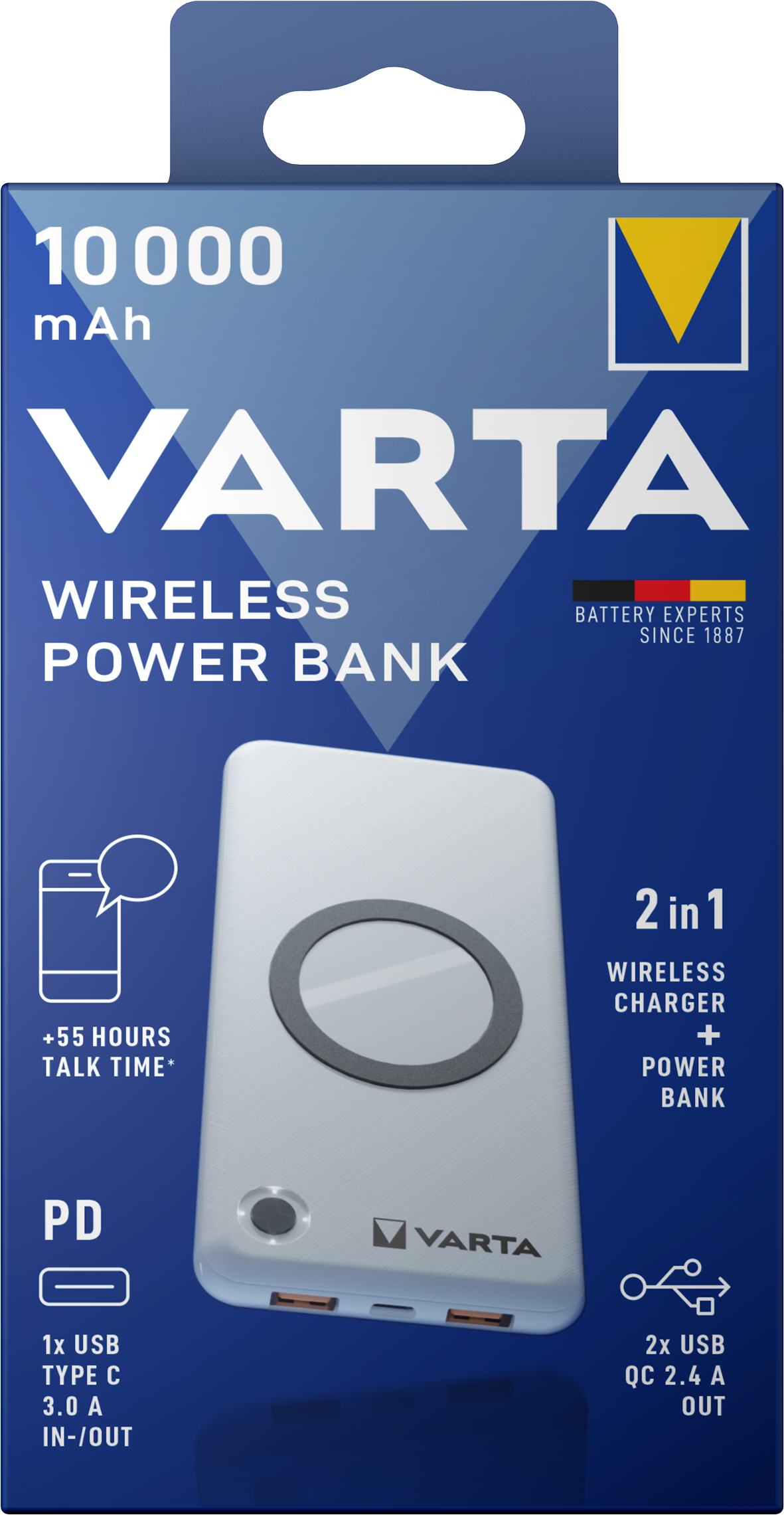 Batteria esterna wireless Varta Energy, 10000mAh, 18W, QC + PD + FQI, 1 x QI - 1 x USB-C - 2 x USB-A, Bianco