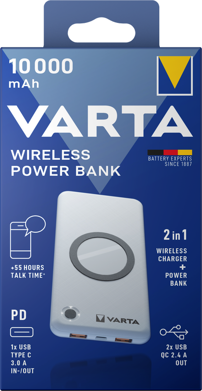 Batteria esterna wireless Varta Energy, 10000mAh, 18W, QC + PD + FQI, 1 x QI - 1 x USB-C - 2 x USB-A, Bianco