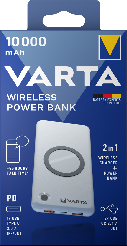 Batteria esterna wireless Varta Energy, 10000mAh, 18W, QC + PD + FQI, 1 x QI - 1 x USB-C - 2 x USB-A, Bianco