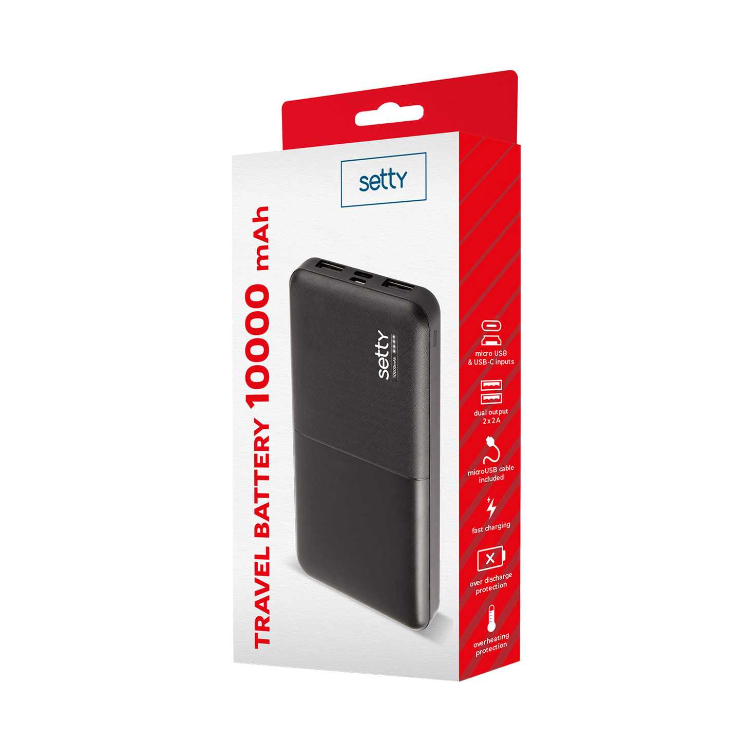 Batteria Esterna Setty, 10000mAh, 10W, 2 x USB-A, Nera