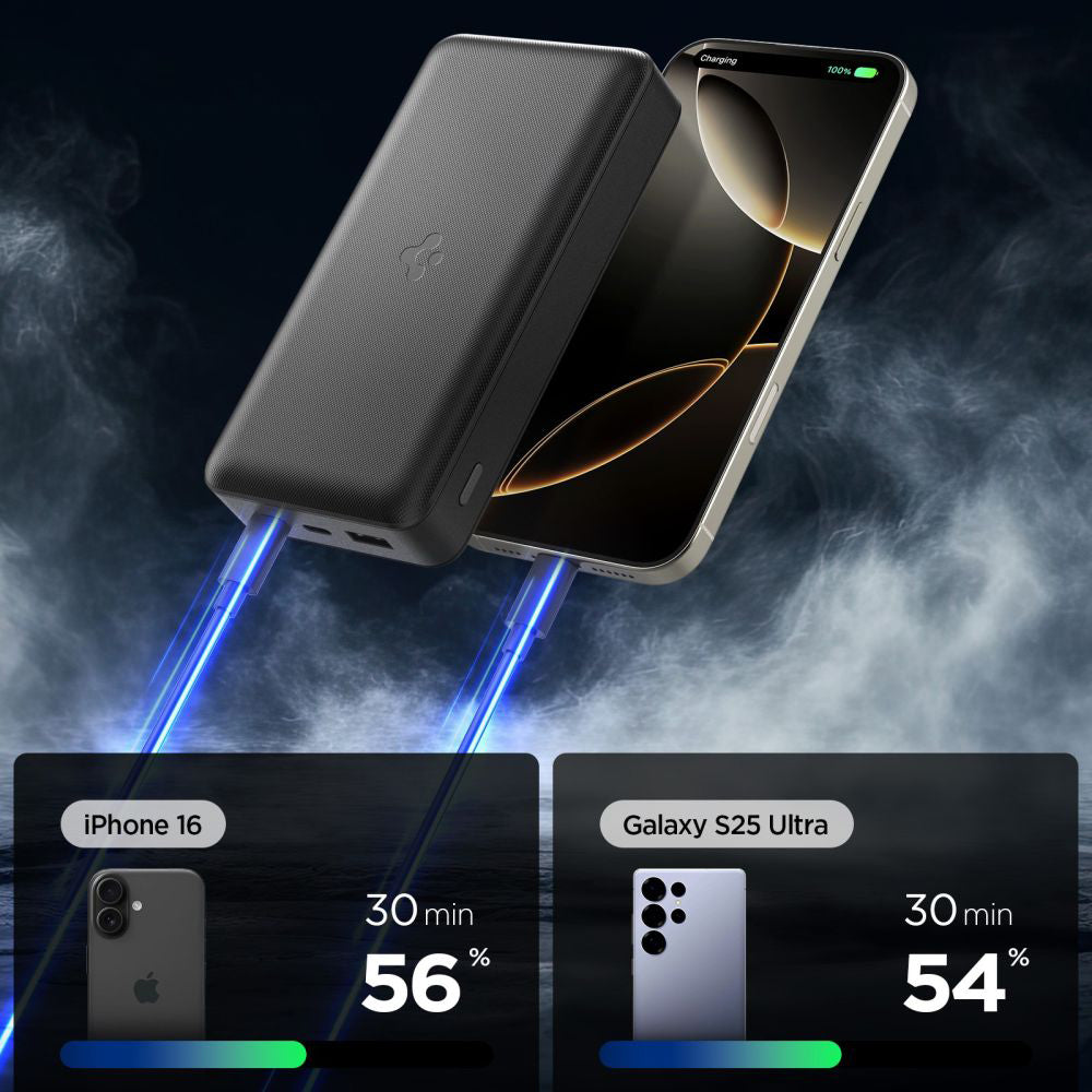 Batteria Esterna Spigen, 30000mAh, 30W, QC + PD, 1 x USB-A - 2 x USB-C, Nera