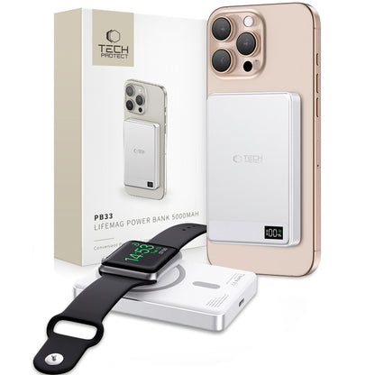 Batteria esterna wireless Tech-Protect PB33 LifeMag, 5000mAh, 15W, FQI, 1 x QI - 1 x USB-C, Grigio