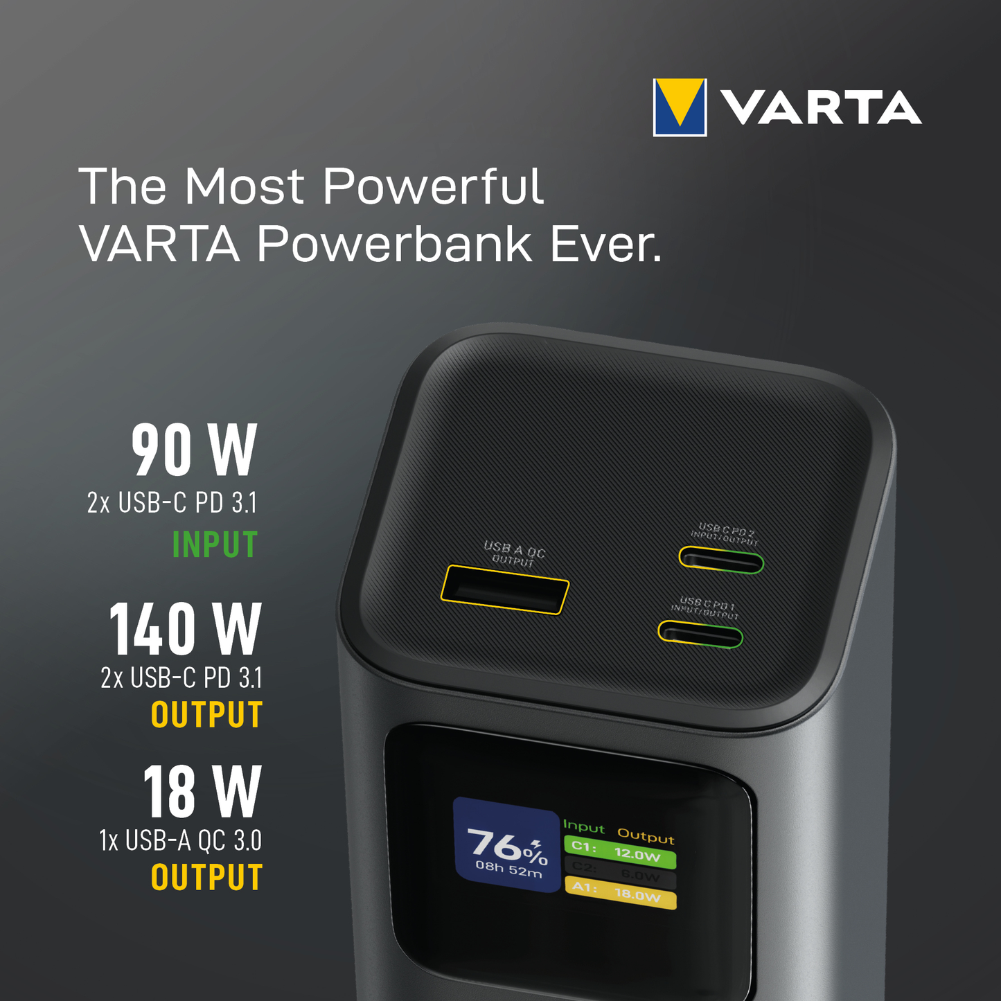 Batteria Esterna Varta High Speed, 27000mAh, 140W, QC + PD, 1 x USB-A - 2 x USB-C, Nera