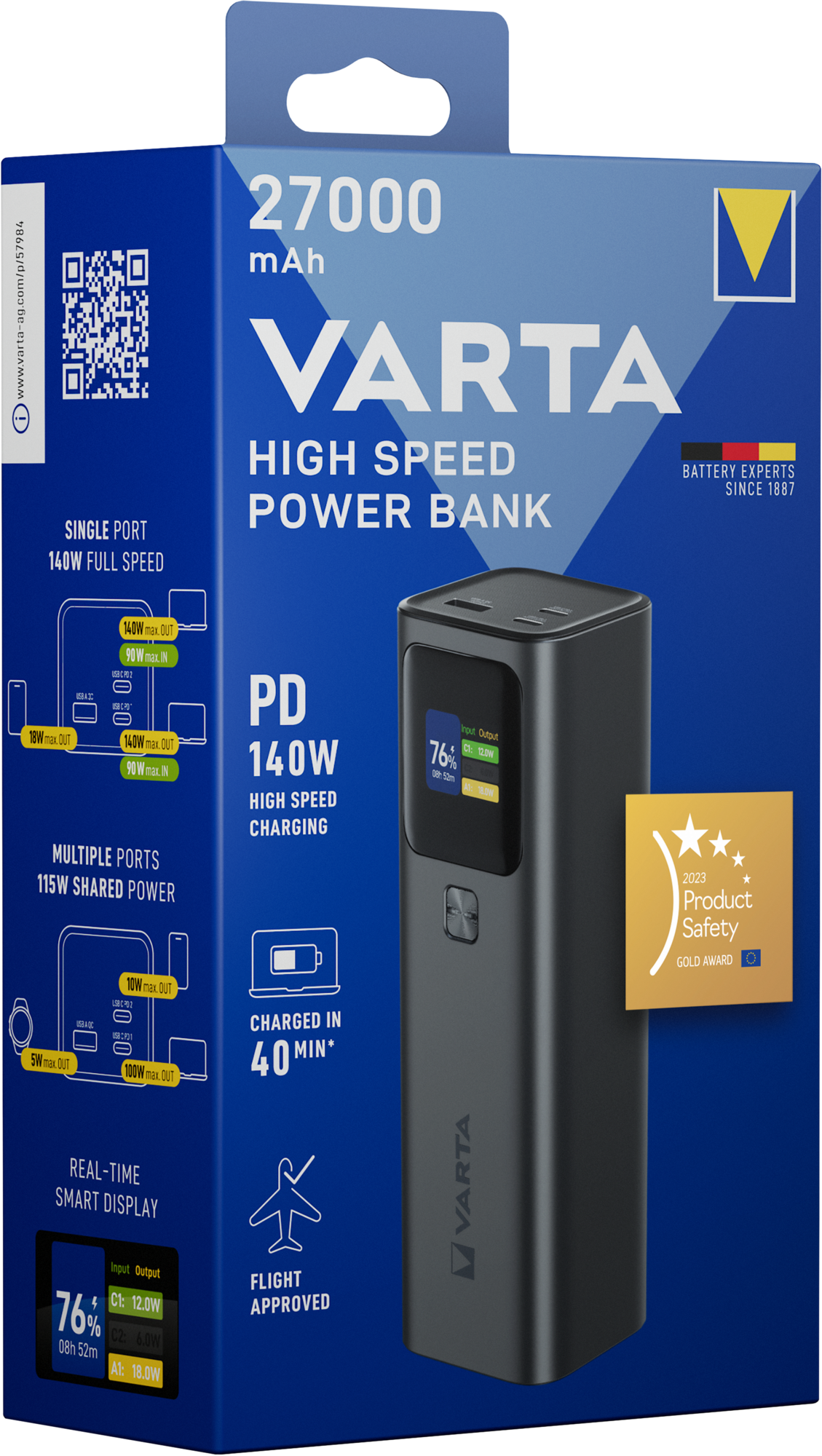 Batteria Esterna Varta High Speed, 27000mAh, 140W, QC + PD, 1 x USB-A - 2 x USB-C, Nera