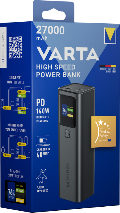 Batteria Esterna Varta High Speed, 27000mAh, 140W, QC + PD, 1 x USB-A - 2 x USB-C, Nera