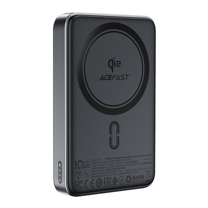 Acefast M11 Wireless External Battery, 10000mAh, 30W, PD + FQI, 1 x QI - 1 x USB-C, Black