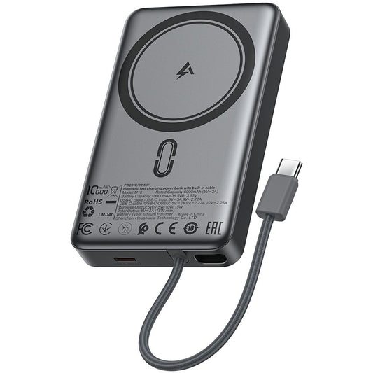 Acefast M18 Wireless External Battery, 10000mAh, 22.5W, PD + FQI, 1 x QI - 2 x USB-C, Black