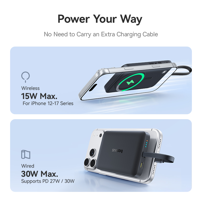Batteria esterna wireless Baseus EnerFill FM11, 10000 mAh, 30 W, PD + FQI, 1 x QI - 2 x USB-C, nera E0028904
