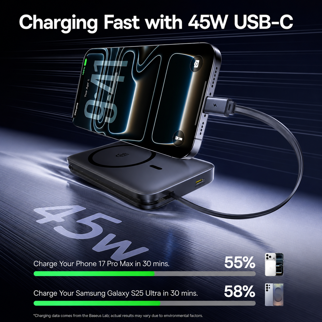 Batteria Esterna Wireless Baseus PicoGo AM61, 10000mAh, 45W, PD + FQI, 1 x QI - 2 x USB-C, Nera E0028V00