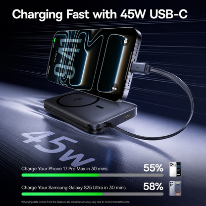 Batteria Esterna Wireless Baseus PicoGo AM61, 10000mAh, 45W, PD + FQI, 1 x QI - 2 x USB-C, Nera E0028V00