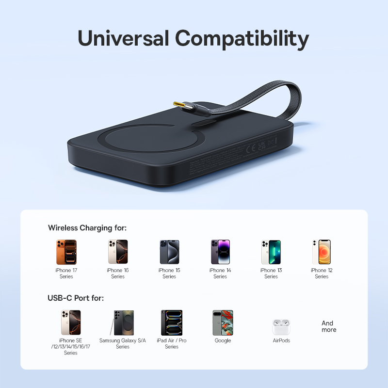 Batteria esterna wireless Baseus EnerFill FM11, 10000 mAh, 30 W, PD + FQI, 1 x QI - 2 x USB-C, nera E0028904