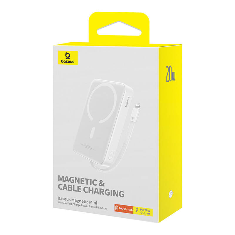 Batteria Esterna Wireless Baseus Magnetic Mini, 10000mAh, 20W, PD + FQI, 1 x Lightning - 1 x QI - 1 x USB-C, Bianca P10022109223-00