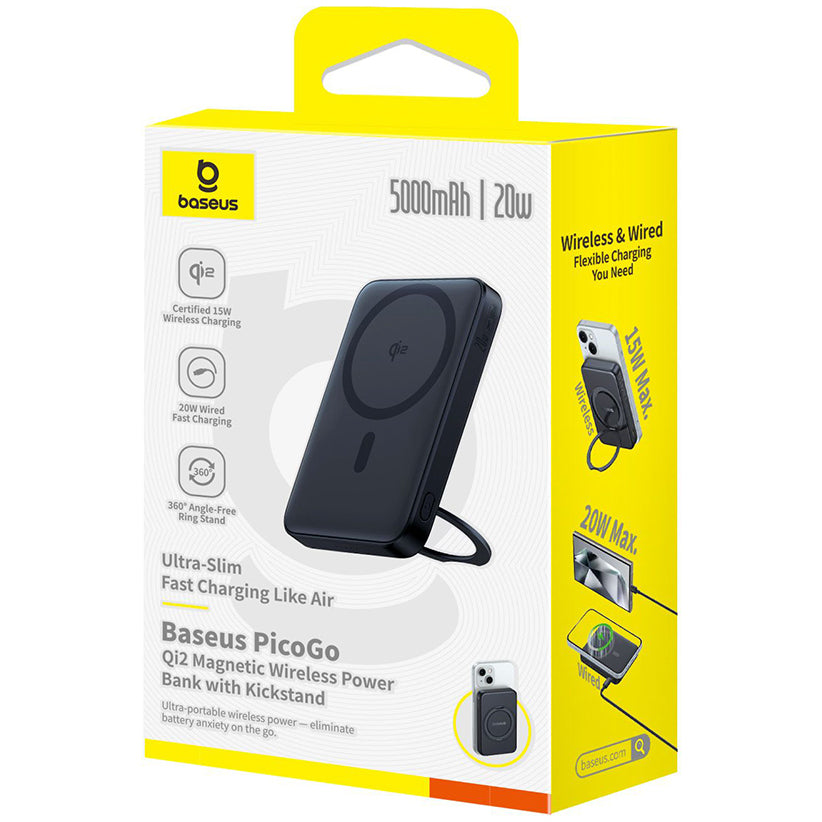 Batteria Esterna Wireless Baseus PicoGo, 5000mAh, 20W, PD + FQI, 1 x QI - 1 x USB-C, Nera P10076802123-00