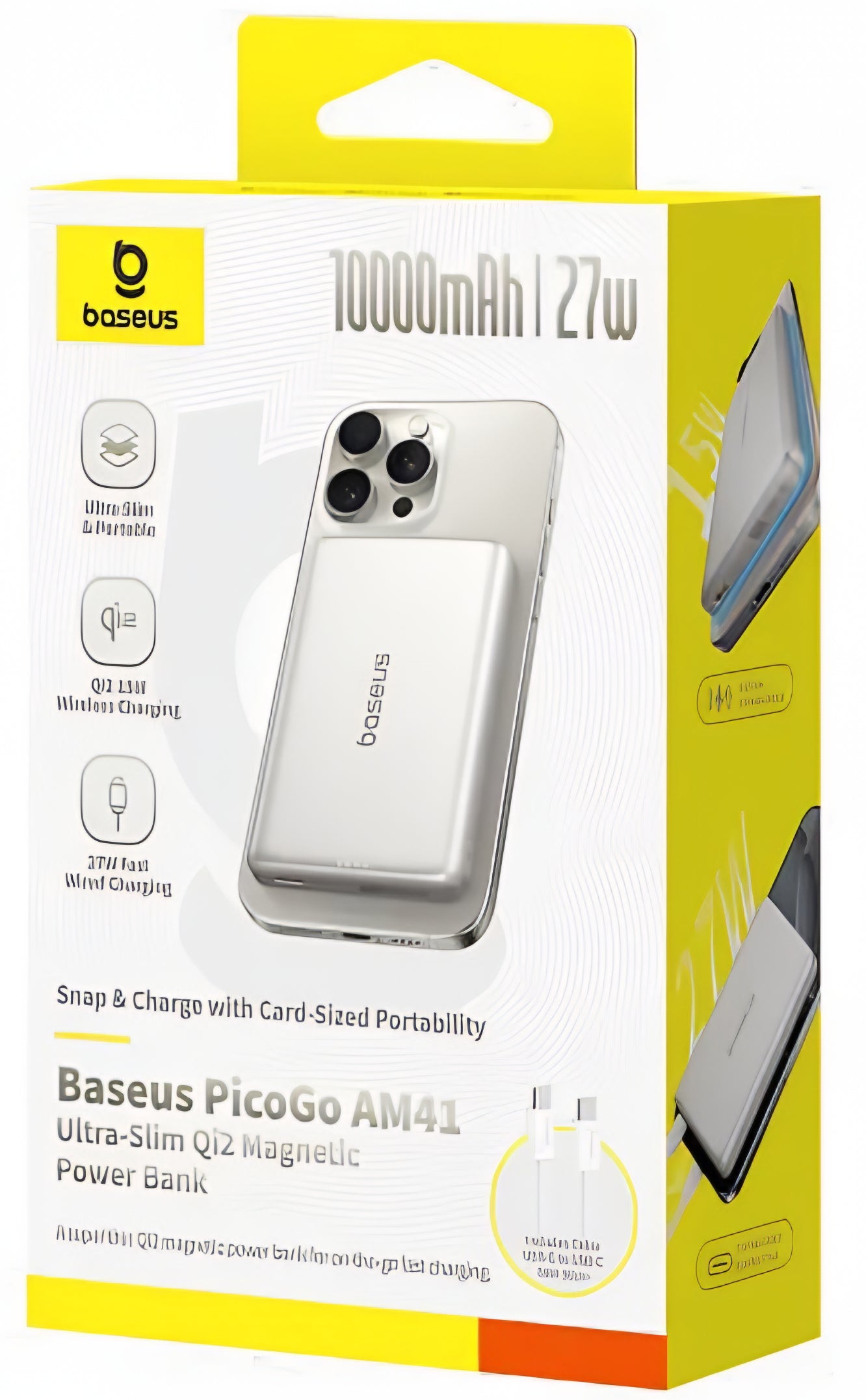 Batteria Esterna Wireless Baseus PicoGo AM41, 10000mAh, 27W, PD + FQI, 1 x QI - 1 x USB-C, Beige E0027203