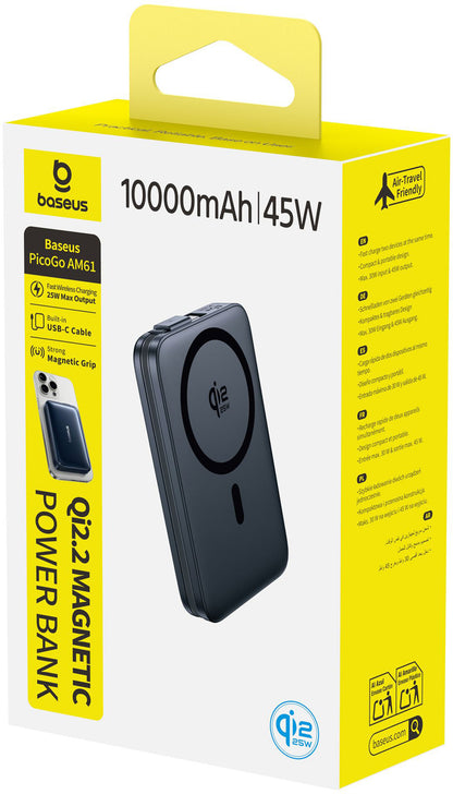 Batteria Esterna Wireless Baseus PicoGo AM61, 10000mAh, 45W, PD + FQI, 1 x QI - 2 x USB-C, Nera E0028V00