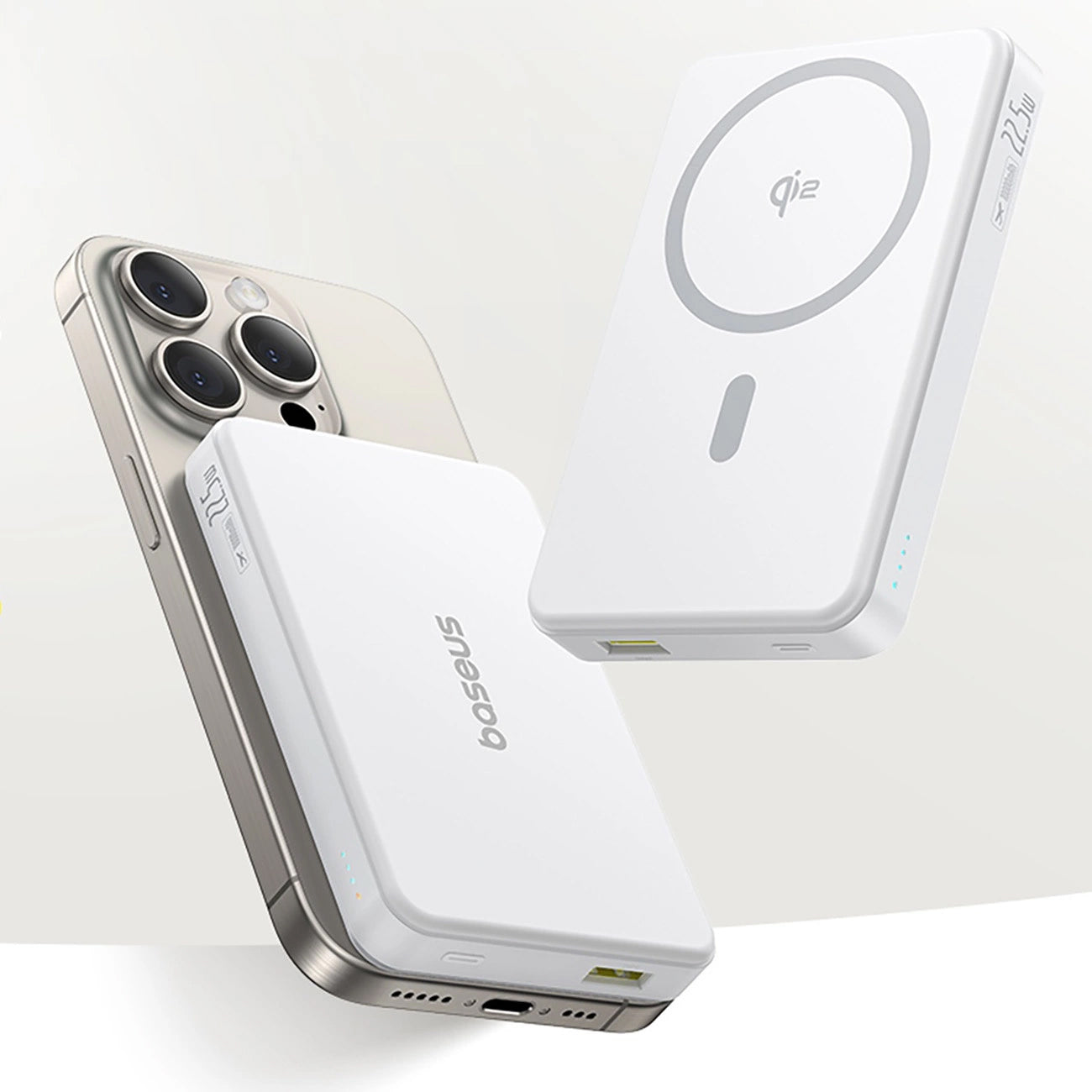 Batteria Esterna Wireless Baseus Airpow2 Qi2, 10000mAh, 22.5W, QC + PD + FQI, 1 x QI - 1 x USB-A - 1 x USB-C, Bianca P10080000213-00
