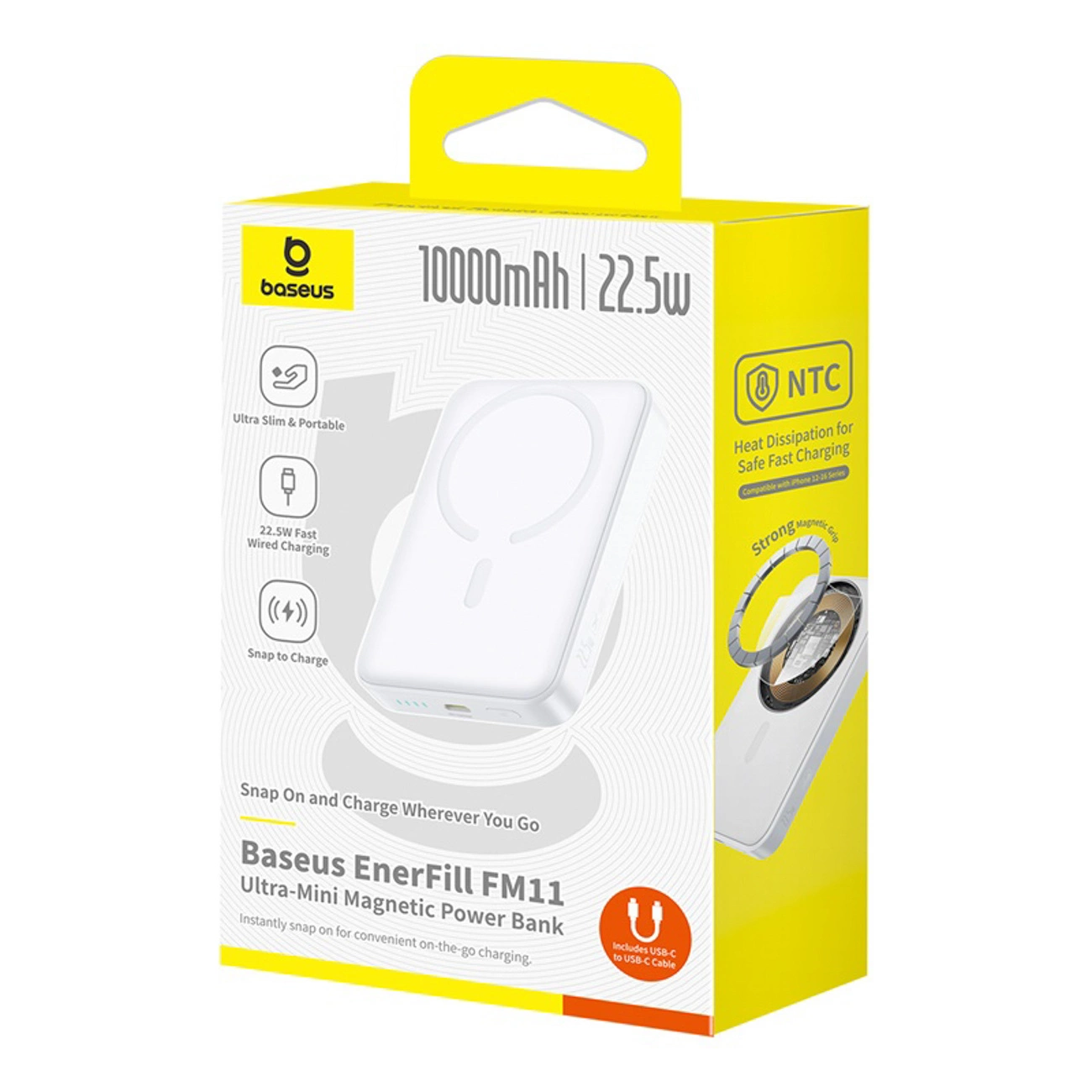 Batteria Esterna Wireless Baseus EnerFill FM11 Ultra-Mini, 10000mAh, 22.5W, PD + FQI, 1 x QI - 1 x USB-C, Bianca P1008210E213-00