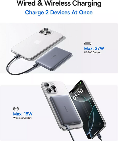 Batteria Esterna Wireless Baseus PicoGo AM41, 10000mAh, 27W, PD + FQI, 1 x QI - 1 x USB-C, Grigio E0027200