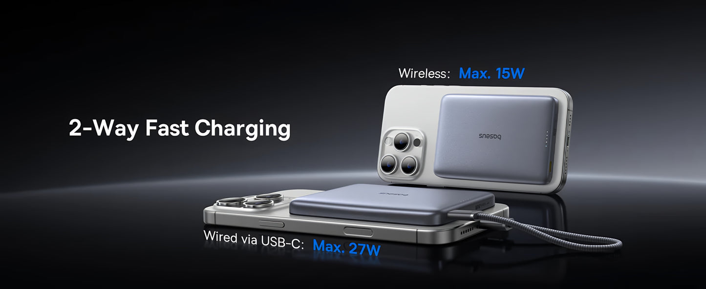 Batteria Esterna Wireless Baseus PicoGo AM41, 10000mAh, 27W, PD + FQI, 1 x QI - 1 x USB-C, Beige E0027203