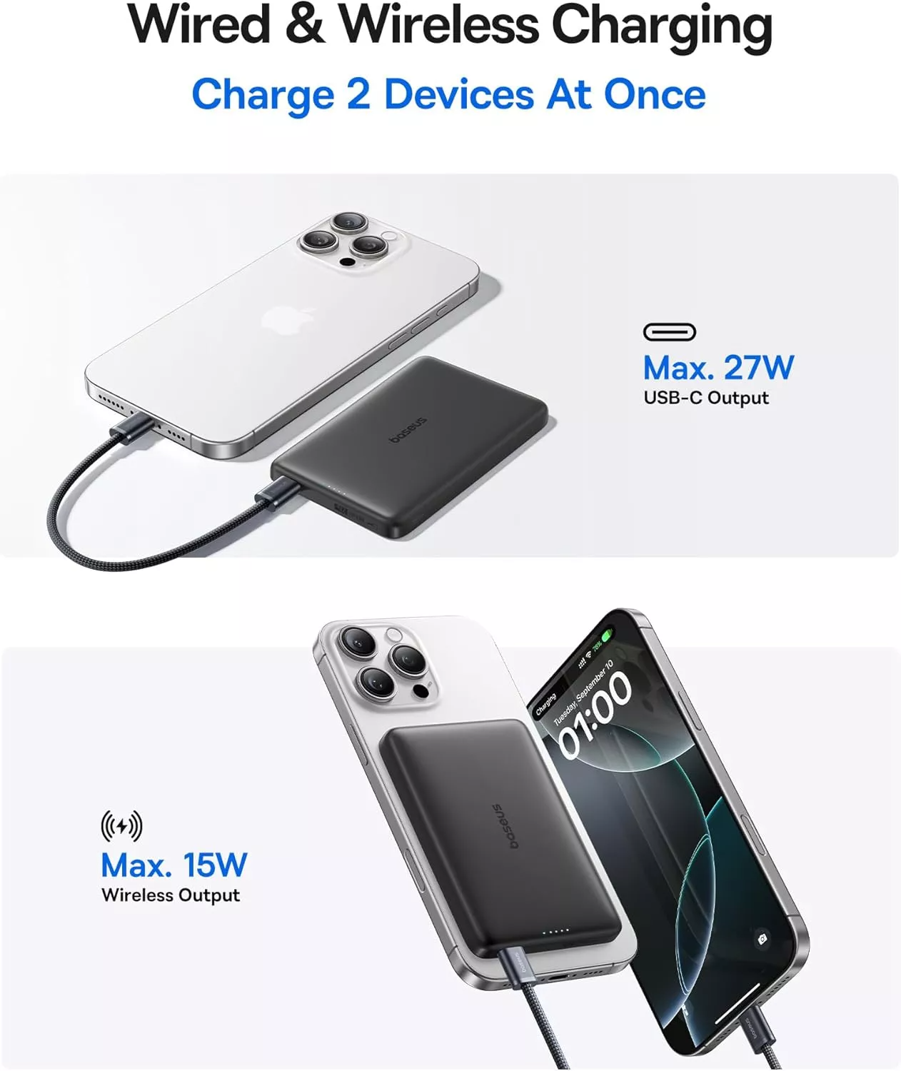Batteria Esterna Wireless Baseus PicoGo AM41, 10000mAh, 27W, PD + FQI, 1 x QI - 1 x USB-C, Nera E0027201