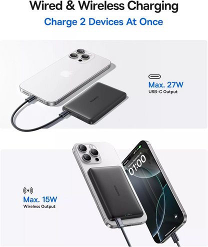 Batteria Esterna Wireless Baseus PicoGo AM41, 10000mAh, 27W, PD + FQI, 1 x QI - 1 x USB-C, Nera E0027201
