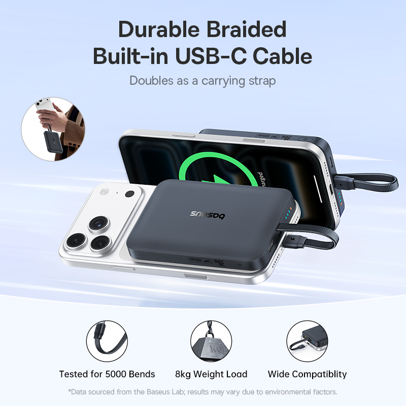 Batteria esterna wireless Baseus EnerFill FM11, 10000 mAh, 30 W, PD + FQI, 1 x QI - 2 x USB-C, nera E0028904