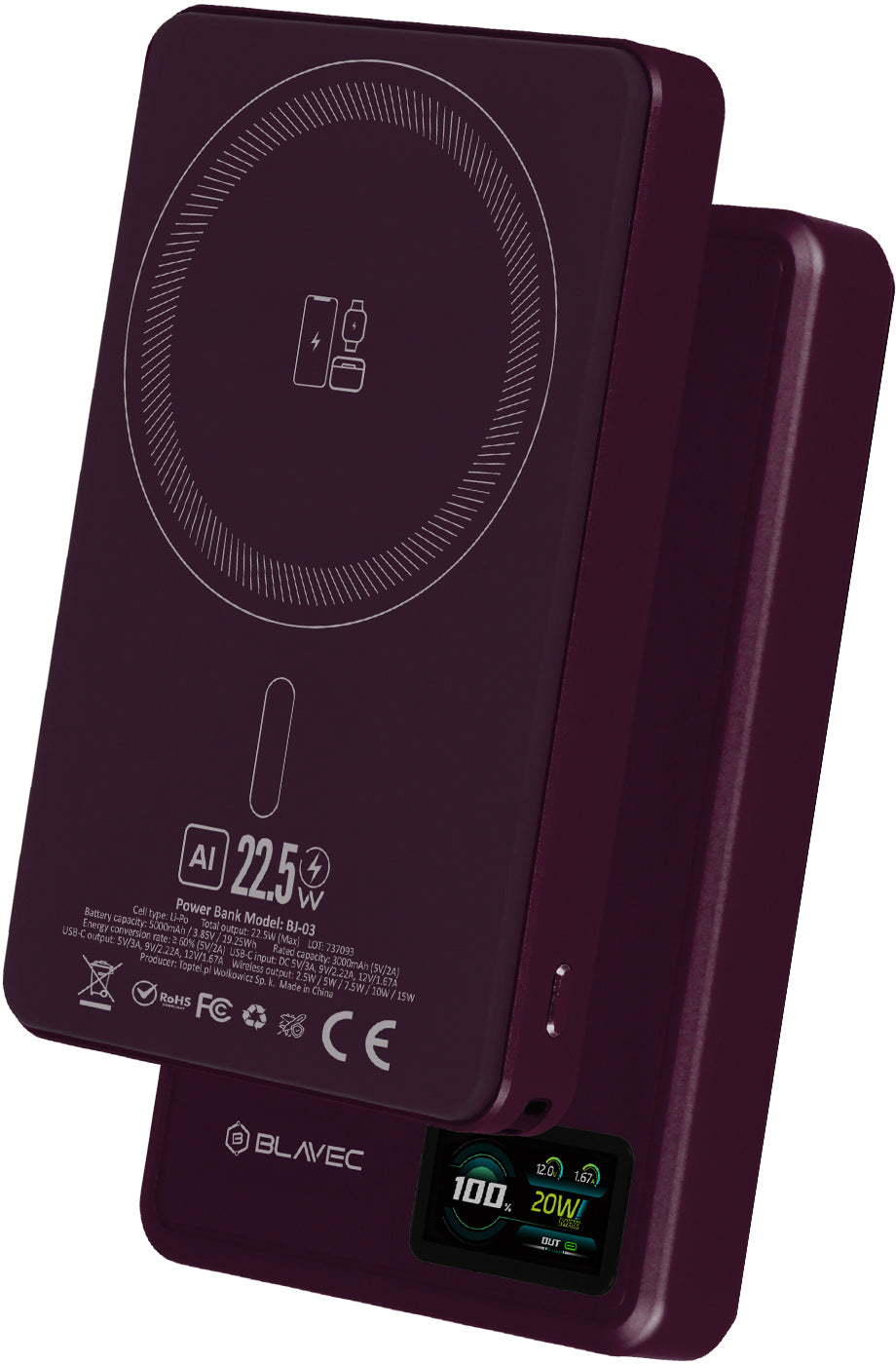 Batteria esterna wireless Blavec BJ-03 Slim, 10000 mAh, 22,5 W, PD + FQI, 1 x QI - 1 x USB-C, viola