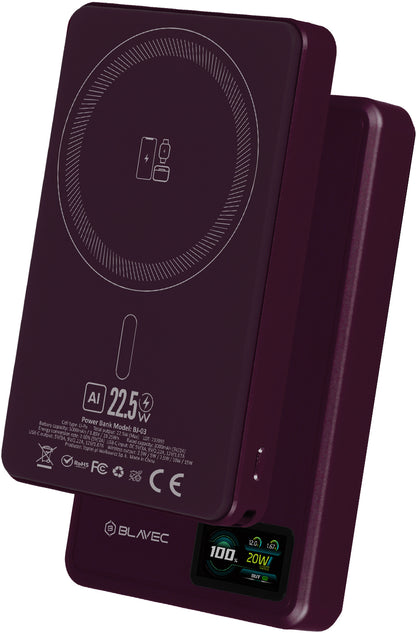 Batteria esterna wireless Blavec BJ-03 Slim, 10000 mAh, 22,5 W, PD + FQI, 1 x QI - 1 x USB-C, viola