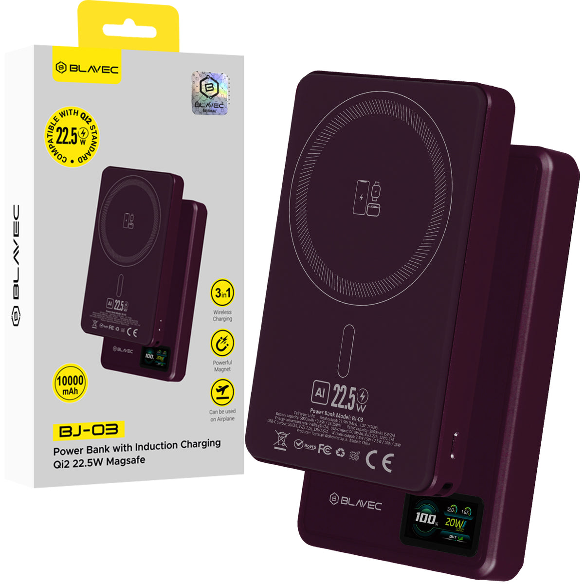 Batteria esterna wireless Blavec BJ-03 Slim, 10000 mAh, 22,5 W, PD + FQI, 1 x QI - 1 x USB-C, viola