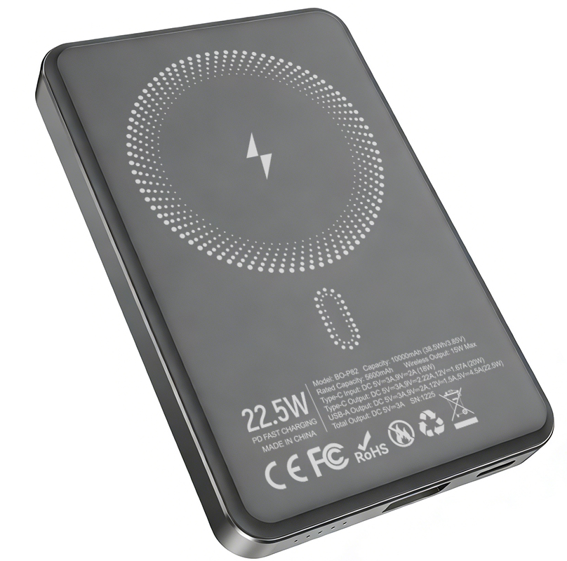 Batteria Esterna Wireless BWOO BO-P82, 10000mAh, 22.5W, PD + FQI, 1 x QI - 1 x USB-C, Grigio