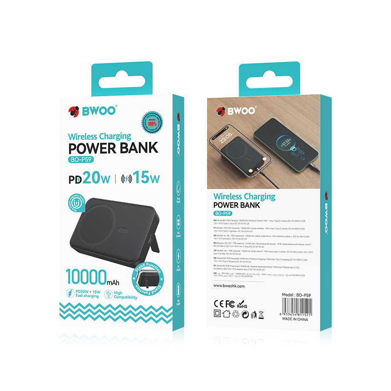 Batteria Esterna Wireless BWOO BO-P59, 10000mAh, 20W, PD + FQI, 1 x QI - 1 x USB-C, Nera