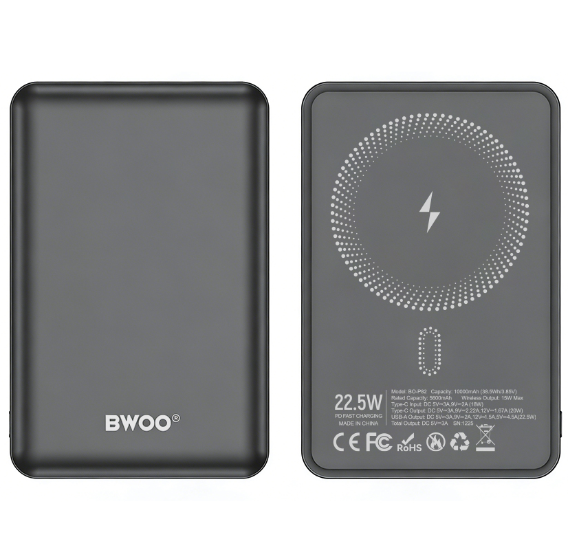 Batteria Esterna Wireless BWOO BO-P82, 10000mAh, 22.5W, PD + FQI, 1 x QI - 1 x USB-C, Grigio