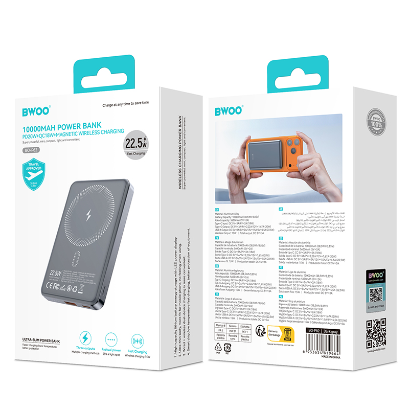 Batteria Esterna Wireless BWOO BO-P82, 10000mAh, 22.5W, PD + FQI, 1 x QI - 1 x USB-C, Grigio