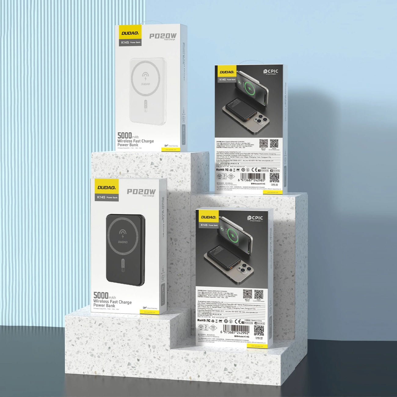 Batteria Esterna Wireless Dudao K14S, 5000mAh, 20W, QC + PD + FQI, 1 x QI - 1 x USB-A - 1 x USB-C, Nera
