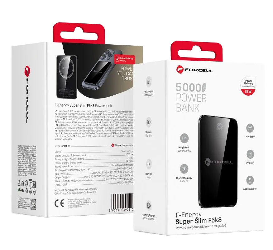 Batteria Esterna Wireless Forcell F5K8, 5000mAh, 15W, PD + FQI, 1 x QI - 1 x USB-C, Nera
