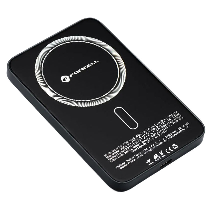 Batteria Esterna Wireless Forcell F5K8, 5000mAh, 15W, PD + FQI, 1 x QI - 1 x USB-C, Nera