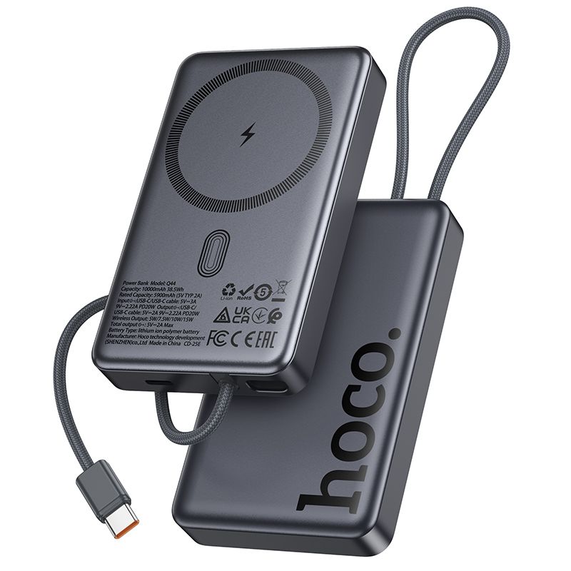 Batteria Esterna Wireless HOCO Q44, 10000mAh, 20W, PD + FQI, 1 x QI - 2 x USB-C, Grigio