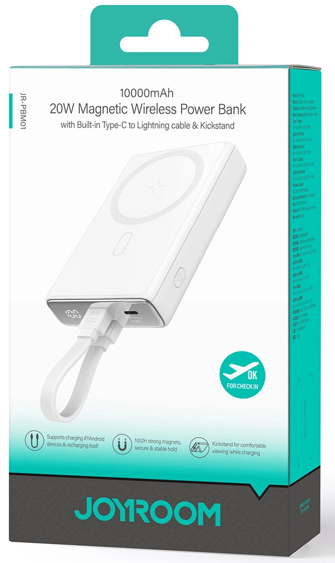Batteria Esterna Wireless Joyroom JR-PBM01, 10000mAh, 20W, QC + PD + FQI, 1 x Lightning - 1 x QI - 1 x USB-C, Bianca