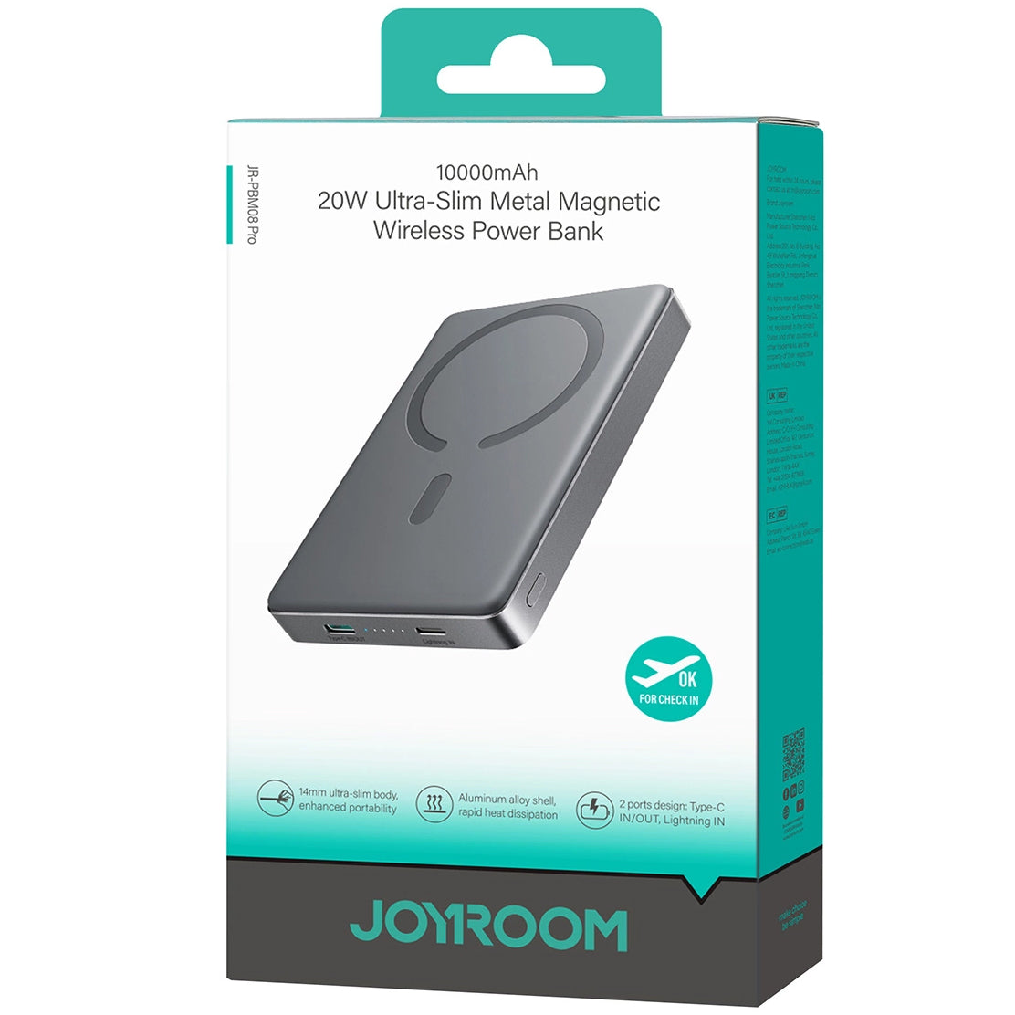 Batteria Esterna Wireless Joyroom JR-PBM08 Pro, 10000mAh, 20W, PD + FQI, 1 x QI - 1 x USB-C, Grigio