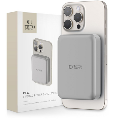 Batteria Esterna Wireless Tech-Protect PB11 LifeMag, 10000mAh, 15W, PD + FQI, 1 x QI - 1 x USB-C, Grigio, Ricondizionata