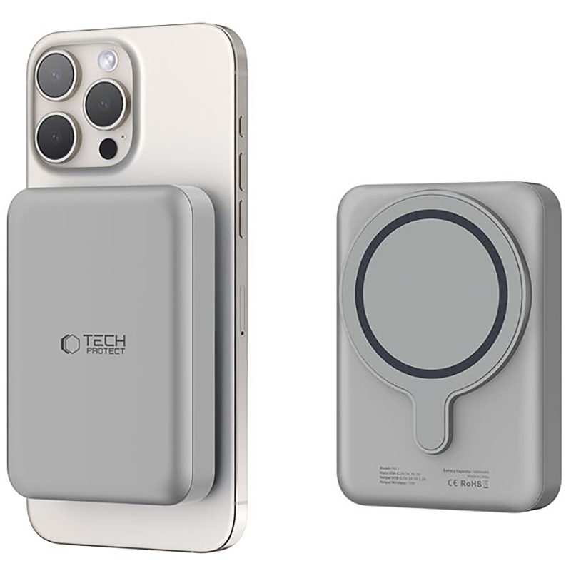 Batteria Esterna Wireless Tech-Protect PB11 LifeMag, 10000mAh, 15W, PD + FQI, 1 x QI - 1 x USB-C, Grigio, Ricondizionata