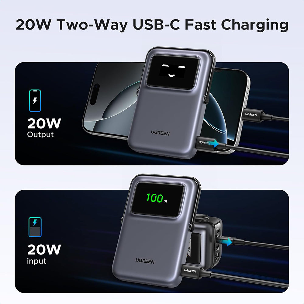 Batteria Esterna Wireless UGREEN PB764 Uno, 10000mAh, 20W, PD + FQI, 1 x QI - 1 x USB-C, Grigio
