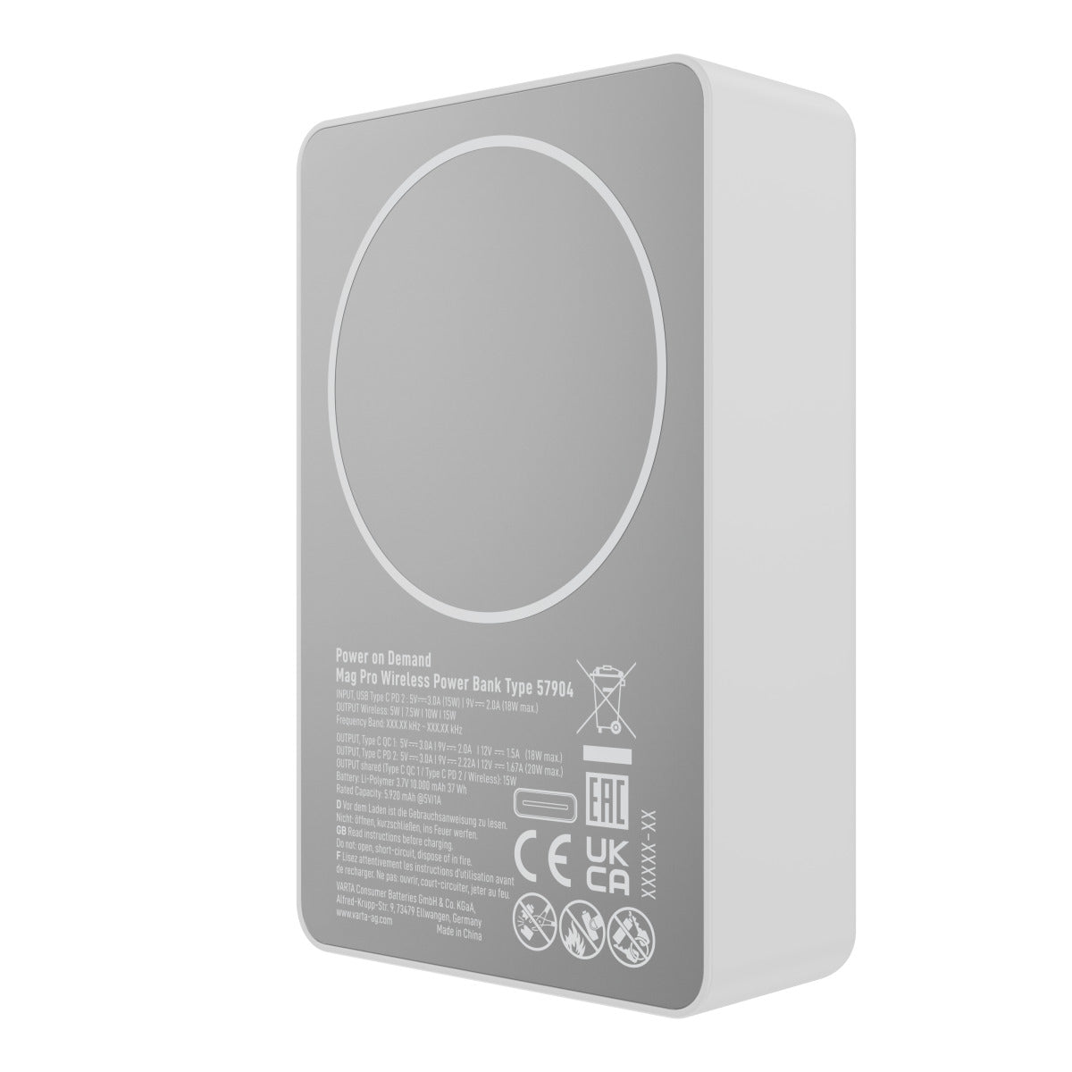 Batteria Esterna Wireless Varta Mag Pro, 10000mAh, 20W, 1 x QI - 2 x USB-C, Bianca