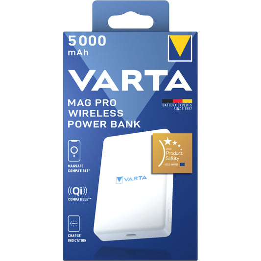 Batteria Esterna Wireless Varta Mag Pro, 5000mAh, 12W, 1 x QI - 1 x USB-C, Bianca