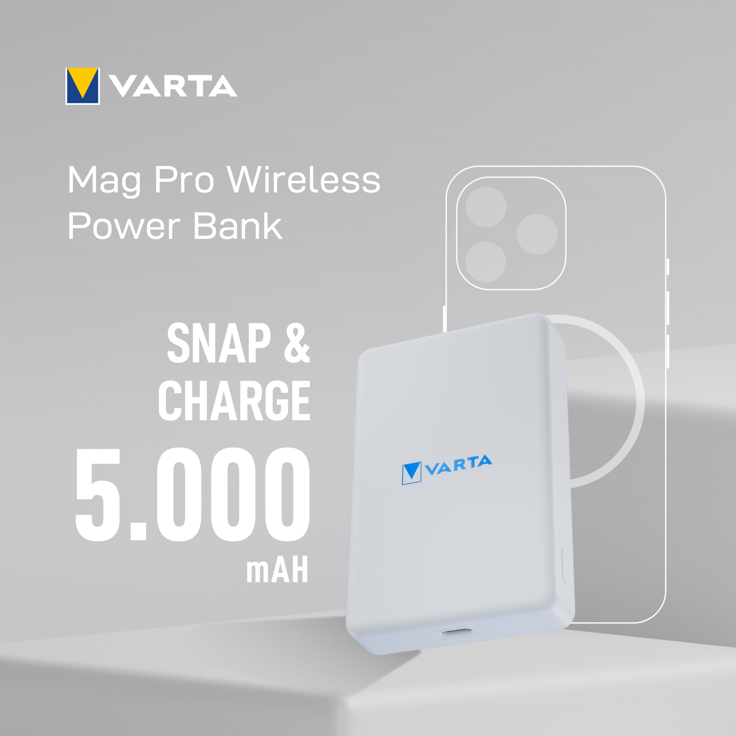 Batteria Esterna Wireless Varta Mag Pro, 5000mAh, 12W, 1 x QI - 1 x USB-C, Bianca
