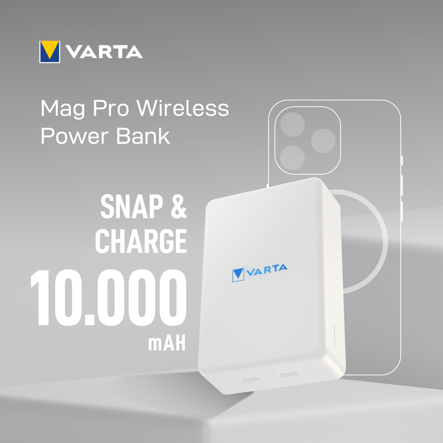 Batteria Esterna Wireless Varta Mag Pro, 10000mAh, 20W, 1 x QI - 2 x USB-C, Bianca